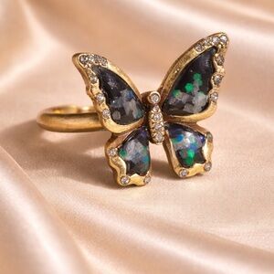 Antique Gold Butterfly Opal Ring with Green-Blue Inlay